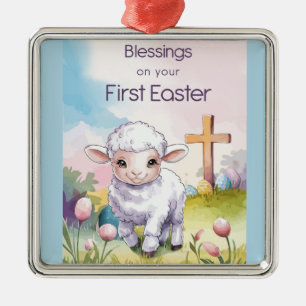 Baby's First Easter Religious Lamb Cross Christian Metal Ornament