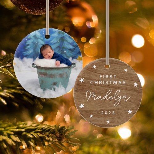 Babys First Faux Wood Photo Ceramic Ornament