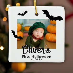Baby's First Halloween Black Bats Photo Ceramic Ornament