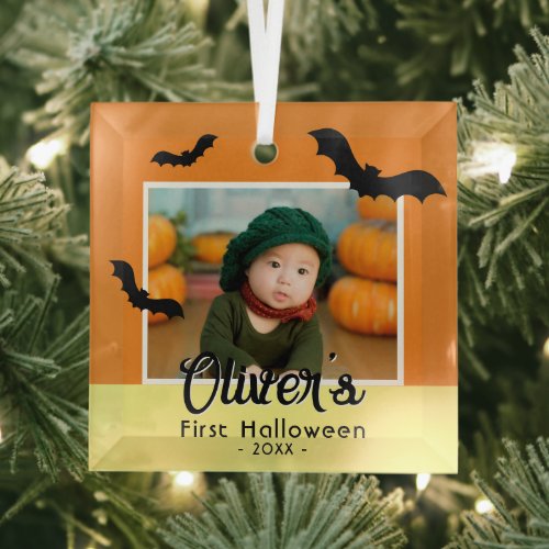 Babys First Halloween Black Bats Photo  Glass Ornament