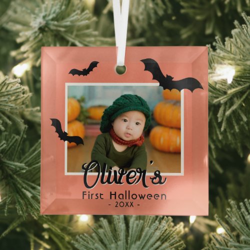 Babys First Halloween Black Bats Photo  Glass Ornament