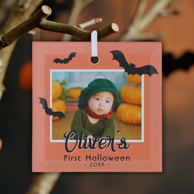 Baby's First Halloween Black Bats Photo  Glass Ornament (Creator Uploaded)