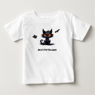 Baby's first Halloween. Cat yellow eyes. Editable Baby T-Shirt