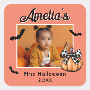 Baby's First Halloween Pumpkin Bats Photo Square Sticker