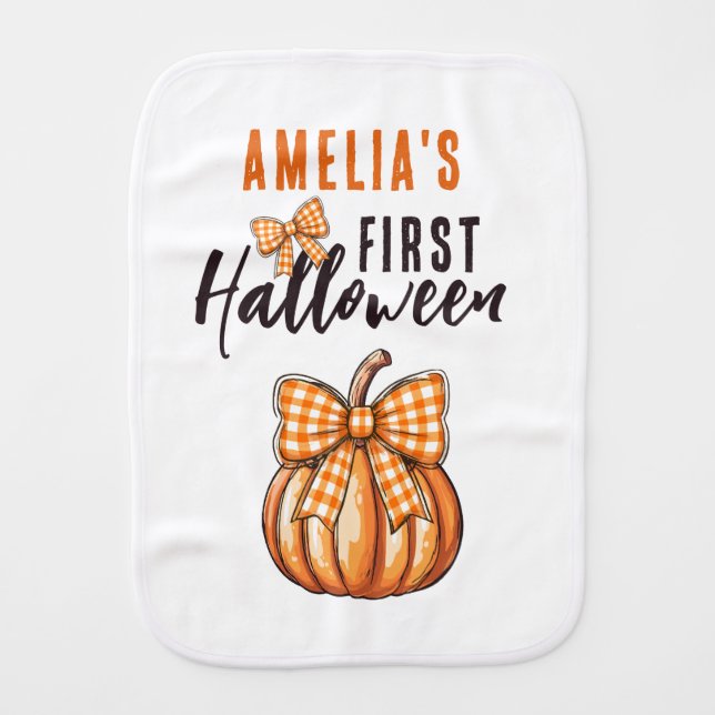 Baby's First Halloween Pumpkin Bow  Baby Burp Cloth (Front)