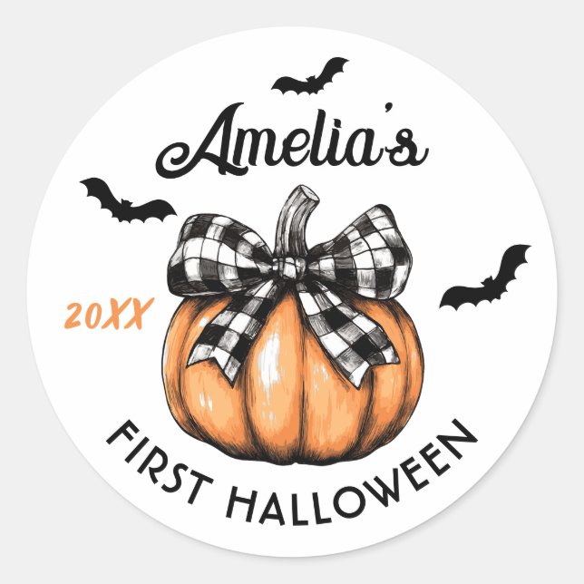 Baby's First Halloween Pumpkin Bow Bats  Classic Round Sticker (Front)