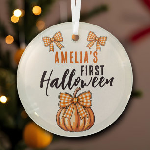 Baby's First Halloween Pumpkin Bow Glass Ornament