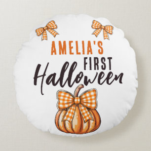 Baby's First Halloween Pumpkin Bow Round Pillow