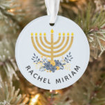 Baby's First Hanukkah | Dated Keepsake Blue & Gold Ornament<br><div class="desc">This keepsake design features baby's name and a watercolor menorah with a flower bouquet on the front side and the year and "First Hanukkah" on the reverse side. If you prefer a different background color,  choose the customize option. #Hanukkah #Ornaments</div>
