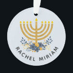 Baby's First Hanukkah | Dated Keepsake Blue & Gold Ornament<br><div class="desc">This keepsake design features baby's name and a watercolor menorah with a flower bouquet on the front side and the year and "First Hanukkah" on the reverse side. If you prefer a different background color,  choose the customize option. #Hanukkah #Ornaments</div>