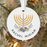 Baby's First Hanukkah | Dated Keepsake Blue & Gold Ornament<br><div class="desc">Our keepsake ornament design features baby's name and a watercolor menorah with a flower bouquet on the front side and the year and "First Hanukkah" on the reverse side. If you prefer a different background color,  choose the customize option. #Hanukkah #Ornaments #FirstHanukkah</div>