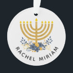 Baby's First Hanukkah | Dated Keepsake Blue & Gold Ornament<br><div class="desc">Our keepsake ornament design features baby's name and a watercolor menorah with a flower bouquet on the front side and the year and "First Hanukkah" on the reverse side. If you prefer a different background color,  choose the customize option. #Hanukkah #Ornaments #FirstHanukkah</div>