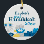 Baby's First Hanukkah Photo Ornament<br><div class="desc">The perfect way to commemorate a new bundle of joy's first holiday! The color scheme is gold, silver, and blues. The text currently reads "NAME's First Hanukkah" with the additional text for customizing the names and year, it is a great gift for family. Don't forget to change the image as...</div>