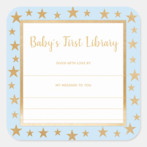 Babys First Library bookplate blue gold stars Square Sticker