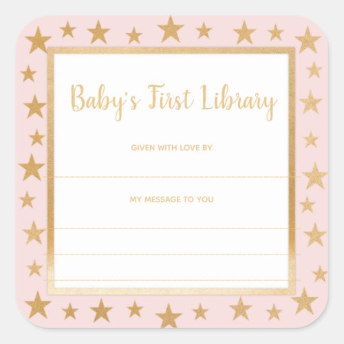 Babys First Library bookplate blush pink gold Square Sticker