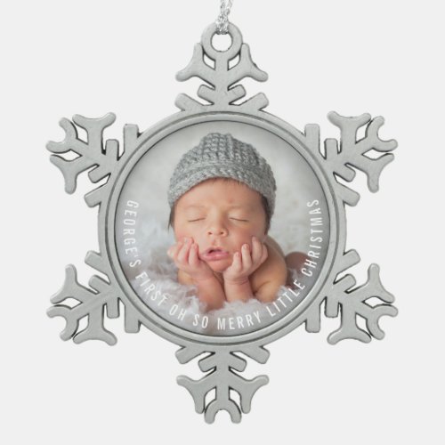 Babys First Oh So Merry Little Christmas Photo Snowflake Pewter Christmas Ornament