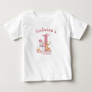Baby's First Pink Christmas. Snowman and deer.  Baby T-Shirt