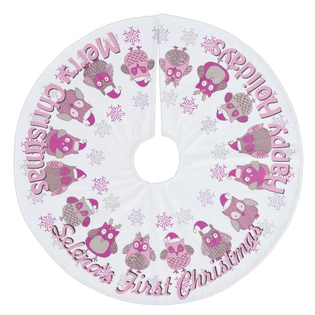 Baby's First Retro Santa Owls YOUR NAME Tree Skirt (Front)