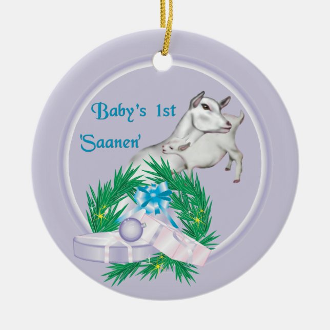 Baby's First Saanen Goat Personalized Holiday Orna Ceramic Ornament (Front)