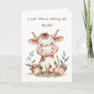 Baby's First Sitting Up Cute Cow Customizable Card