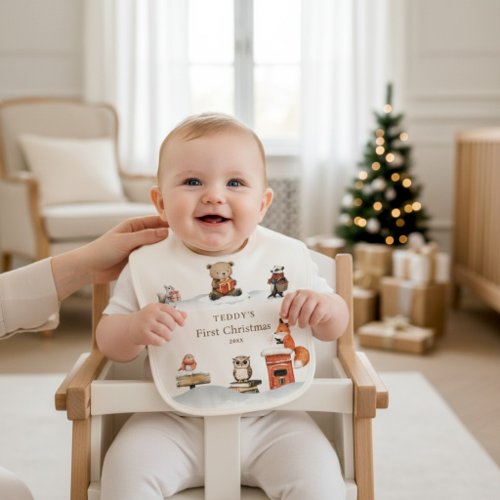 Baby's First Snowy Christmas Woodland Animals Bib
