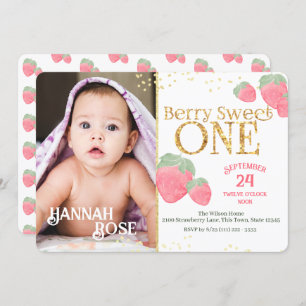 Baby's First Sweet Strawberry Birthday with Photo Invitation