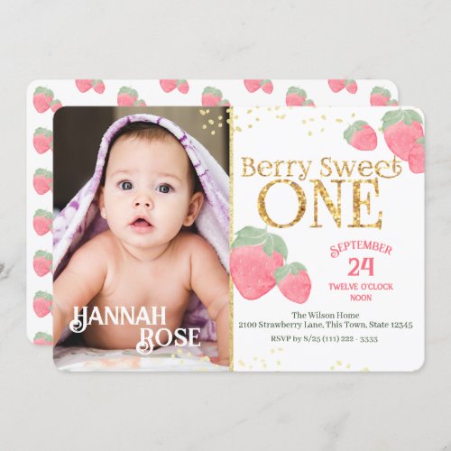 Babys First Sweet Strawberry Birthday with Photo Invitation