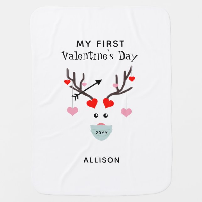 Baby's First Valentines Day Hearts Personalized  Baby Blanket (Front)