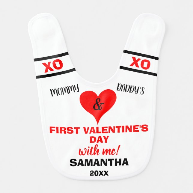 Baby's First Valentine's Day Red Heart NAME YEAR Baby Bib (Front)