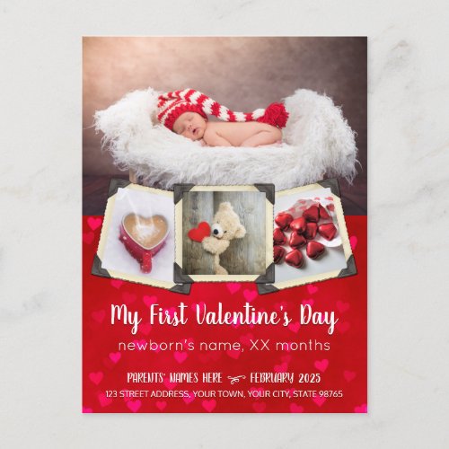 Babys First Valentines Day Red Hearts Your Photo Holiday Postcard