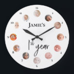 Baby's first year 12 month custom photos  large clock<br><div class="desc">1st year clock with for baby's first 12 month photos. Work with this template to personalize with your child's name and photos. Hang it up where your child can see to see the growth over the first year. You can display it at the first birthday party too. A wonderful keepsake...</div>