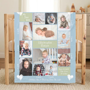 Baby's First Year 12 Photo Collage Hearts Script Fleece Blanket