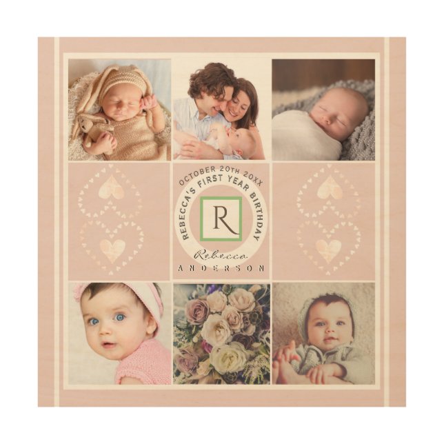 "Baby's first year Birthday" 6 custom photos Wood Wall Art (Front)