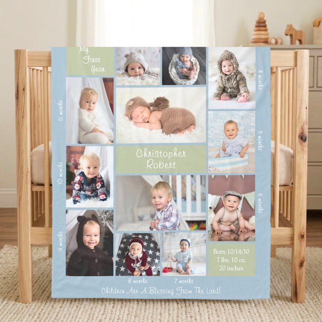 Baby's First Year Boho 12 Photo Collage Script Fleece Blanket (Creator Uploaded)