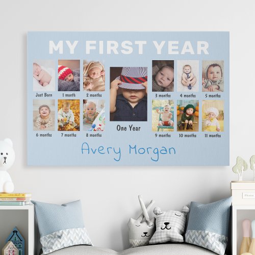Babys First Year Custom 12 Months Photo Collage Faux Canvas Print
