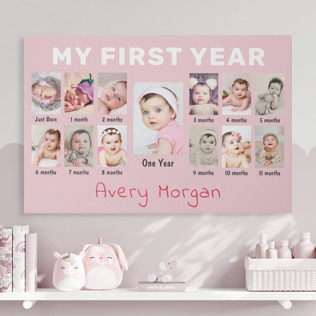 Baby's First Year Custom 12 Months Photo Collage Faux Canvas Print (Creator Uploaded)