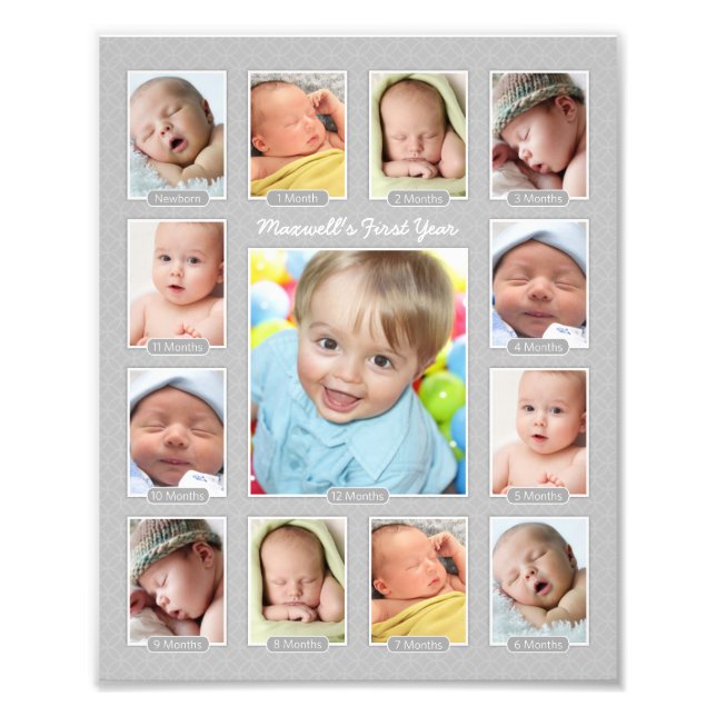 Babys First Year Gray Keepsake Photo Collage Print (Front)
