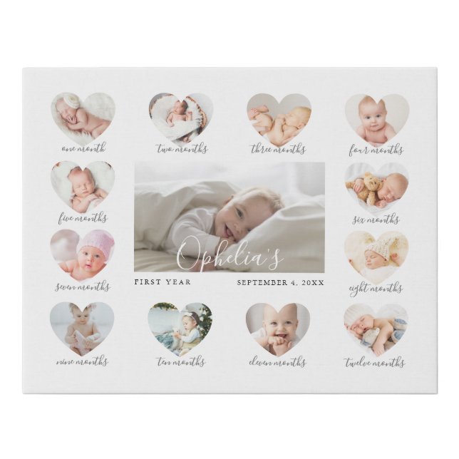 Baby's First Year Heart Photo Keepsake Collage Faux Canvas Print (Front)