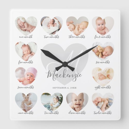 Babys First Year Heart Photo Keepsake Collage Square Wall Clock