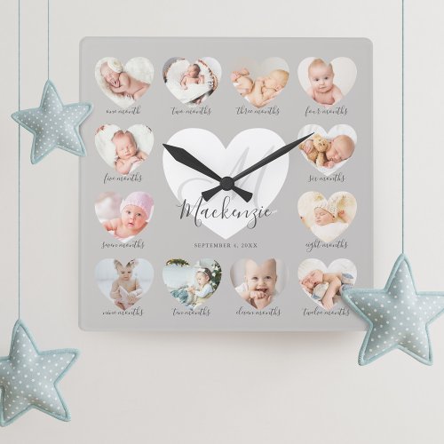 Babys First Year Heart Photo Keepsake Collage Square Wall Clock