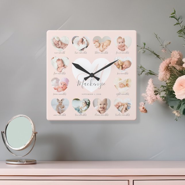 Baby's First Year Heart Photo Keepsake Collage Square Wall Clock (Baby's First Year Heart Photo Keepsake Collage Square Wall Clock)