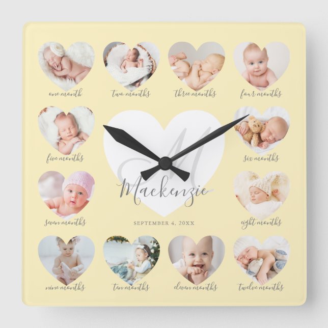 Baby's First Year Heart Photo Keepsake Collage Square Wall Clock (Front)