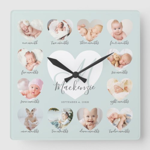 Babys First Year Heart Photo Keepsake Collage Square Wall Clock