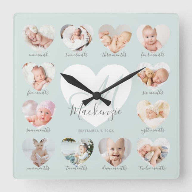 Baby's First Year Heart Photo Keepsake Collage Square Wall Clock (Front)