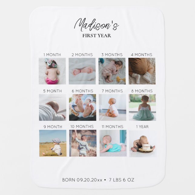 Baby's First Year Photo Collage Birth Stats  Baby Blanket (Front)