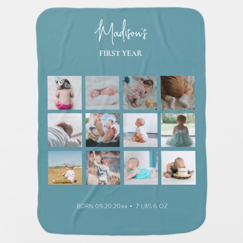 Babys First Year Photo Collage Birth Stats Blue Baby Blanket