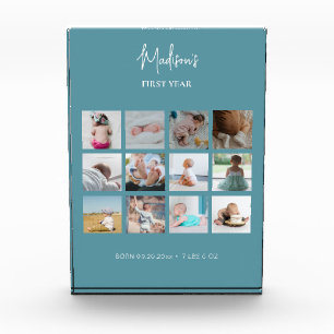 Baby's First Year Photo Collage Birth Stats Blue  Block