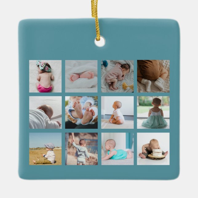 Baby's First Year Photo Collage Birth Stats Blue Ceramic Ornament (Front)