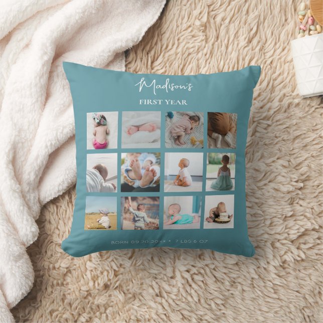 Baby's First Year Photo Collage Birth Stats Blue Throw Pillow (Blanket)
