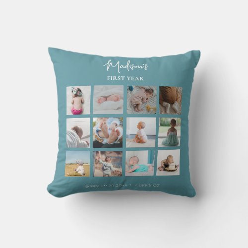 Babys First Year Photo Collage Birth Stats Blue Throw Pillow